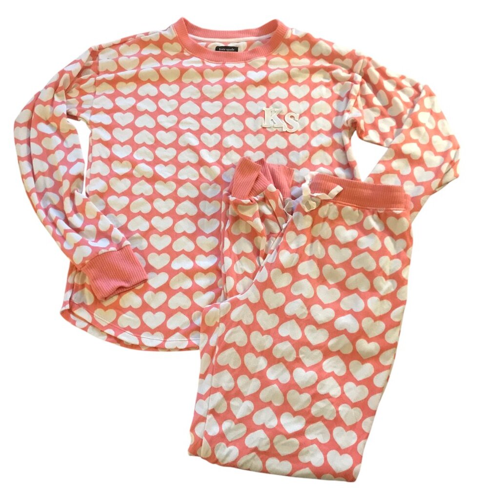 KATE SPADE PAJAMA Valentine Lounge SET PJS PINK WITH WHITE HEARTS. SIZE WOMEN'S - Picture 1 of 13